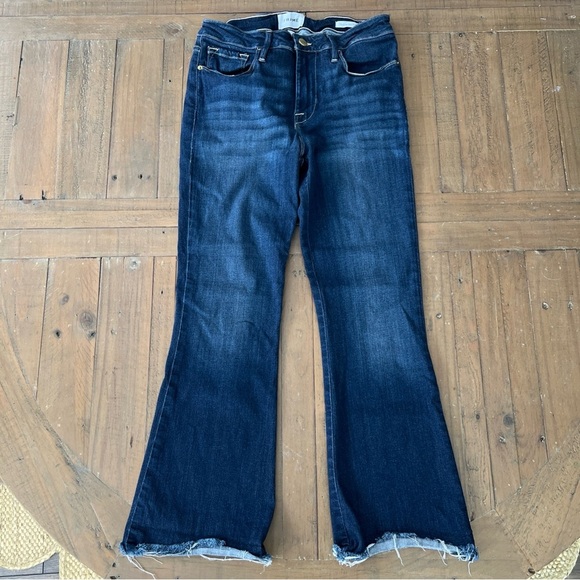 FRAME DENIM LE CROP MINI BOOT STRETCH DENIM JEANS CROP FLARE RAW HEM sz 28 Dark - Picture 2 of 12